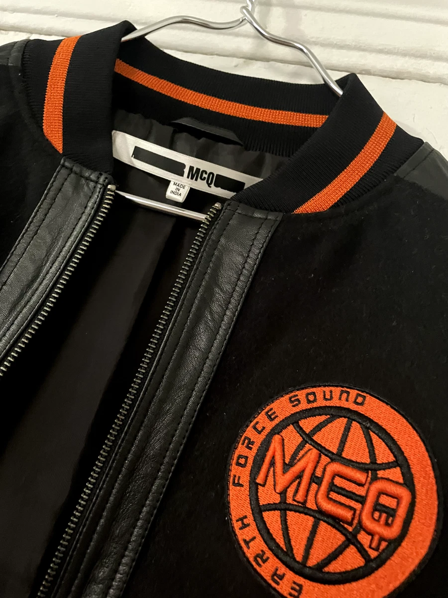McQ Alexander McQueen Black and Orange Leather Varsity Jacket Size IT 52 (L)