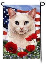 White Cat Patriotic Flowers Garden Flag
