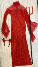 Devil Costume With Horn Headband, Crushed Red Velvet Dress