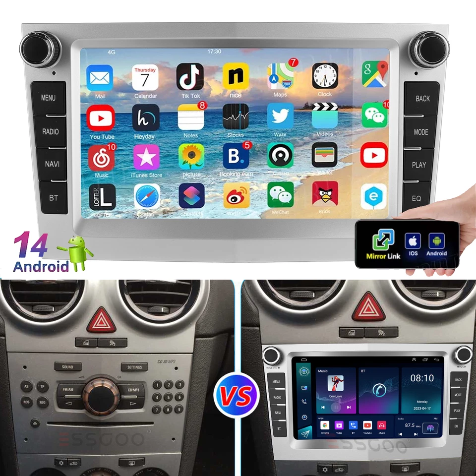 ESSGOO Apple CarPlay For Vauxhall Corsa C D Astra Zafira Android 14 Car Stereo GPS Navi