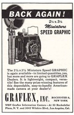 1946 Graflex Miniature Speed Graphic: Back Again Vintage Print Ad