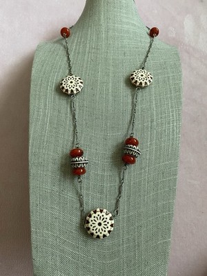 Faux Carved Bovine Bone Necklace Carnelian Beads Boho Ethnic Statement Vintage