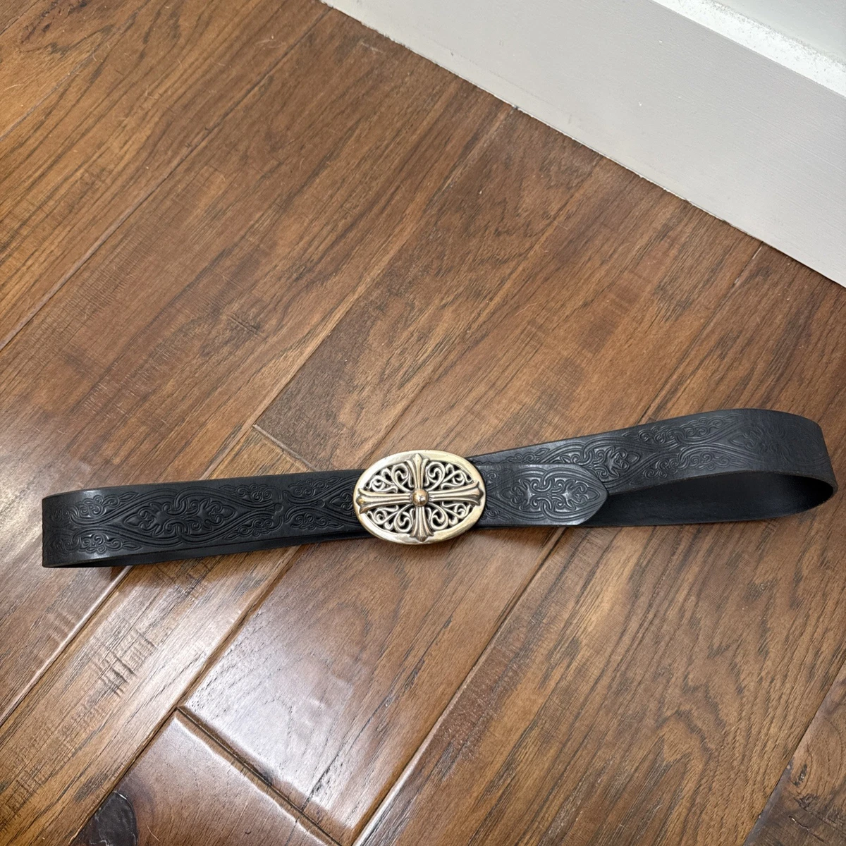 VTG Candie\'s Embossed Leather Belt Black Size M Ornate Gold Buckle Boho Western Candie main image 2