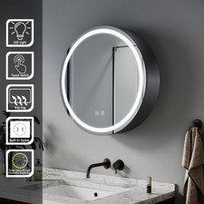 LED Bathroom Mirror Cabinet with Shaver Socket Demister Pad Black Round Storage