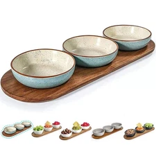 6oz Turquoise Solid Ceramic Chips and Dip Serving Platter with Acacia Wooden ...