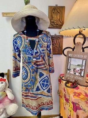 Isle Melis Kozan Keyhole Mosaic Tile Print Shift Slip Dress Artsy Boho Chic XS