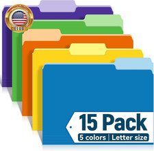 Two-Tone Color File Folders, 15 Pack Letter Size with 5 Mutlcolors