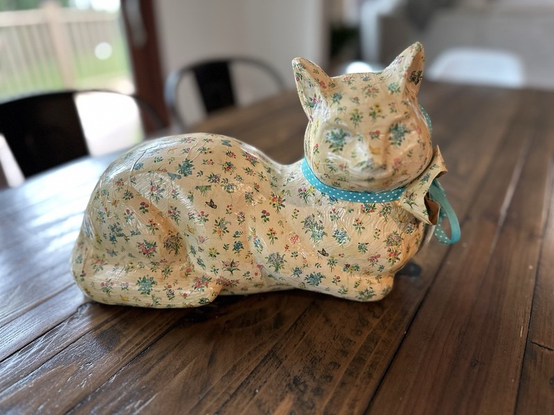 Cat Figurine Floral Paper Mache Decopaupage Vintage Signed Statue Cottage core