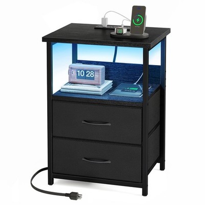 LED Nightstand with Charging Station, USB Ports & Outlets, 2 Fabric Drawers, Bla