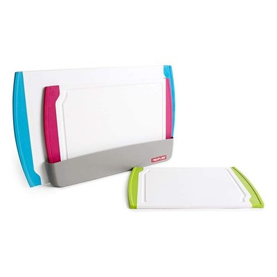 4 Piece Plastic Coded Cutting Board Set plus Organizer with Food Icon Microban