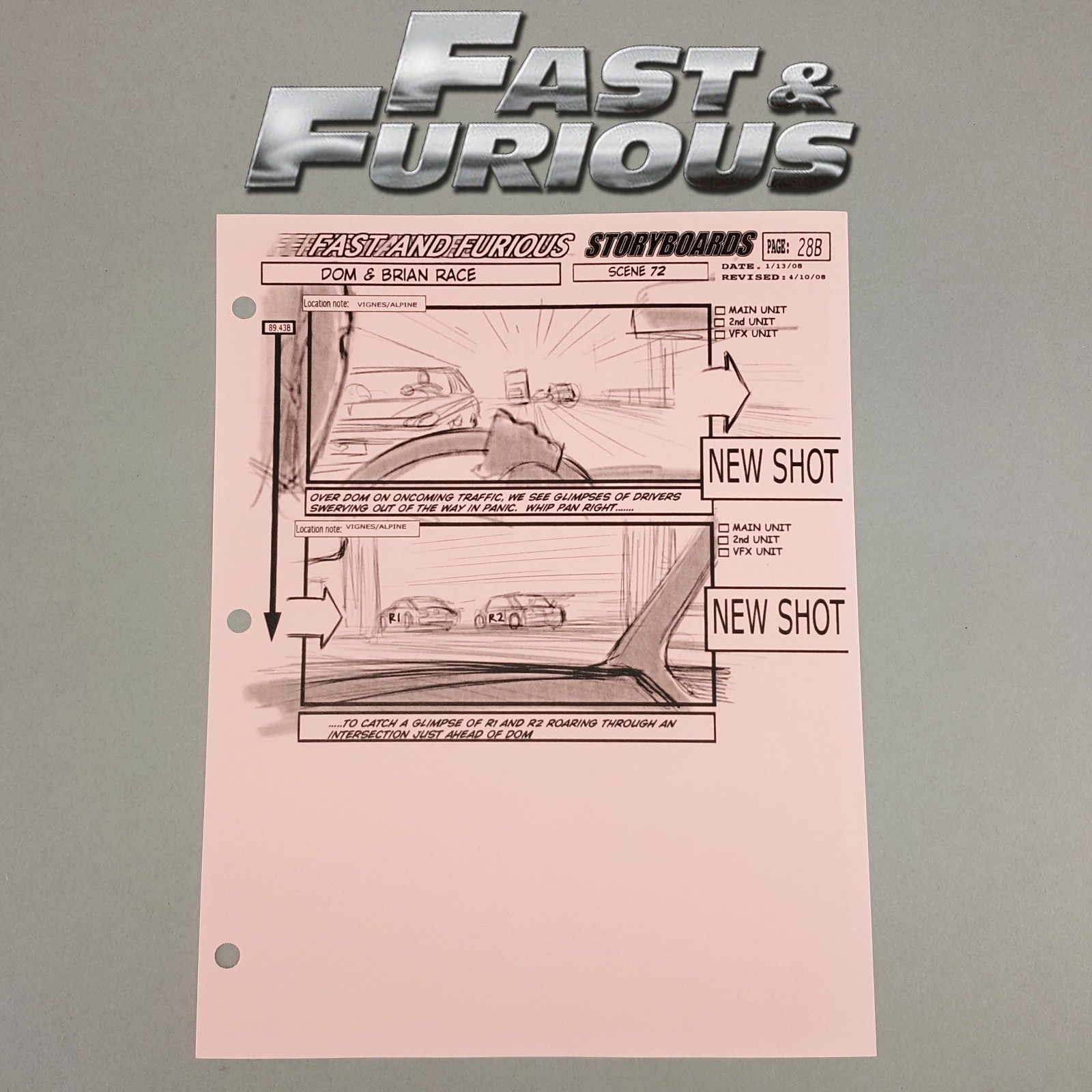 Fast and Furious 4 Production Used Storyboard, Dom in Oncoming Traffic, p28B COA