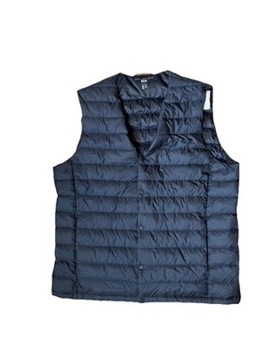 UNIQLO Mens Large Dark Blue Ultra Light Down Vest Snap Front V-Neck Packable