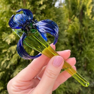 Blue Glass Iris Flower Figurine Hand Blown Floral Decor Gift