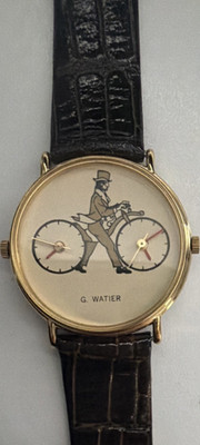 G. Watier Wristwatch Gold Case Black Leather Strap Beige Dial Motif Analog