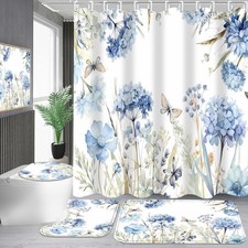4-Piece Blue Floral Shower Curtain Set Butterfly Flowers Bathroom Set with Sh...