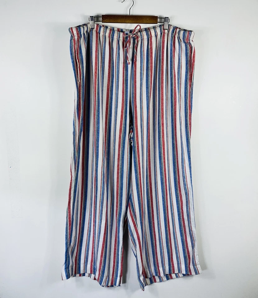 Старый темно-синий размер 2 X в полоску тянуть на высокой талией льняной смеси широкие ноги брюки карманы - Изображение 2 из 4