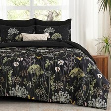 King Size Comforter Set, 7 Piece Comforter Floral Green King 104"x90" Black