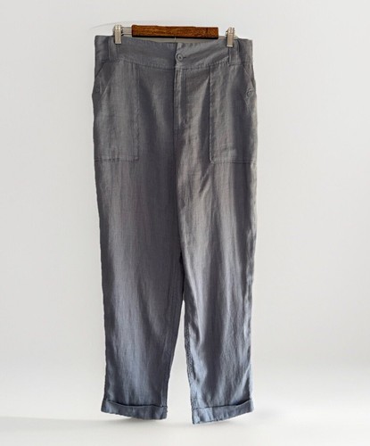 Tahari 100% Linen Pants Straight Gray Pockets Lagenlook Beach Nautical Large