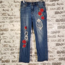 Hollister High Rise Slim Straight Jeans Size 27 Embroidered Floral Distressed