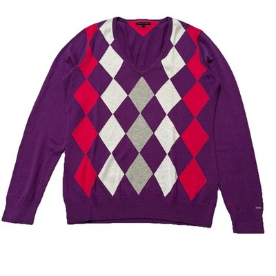 Tommy Hilfiger Herren V-Neck Pullover Argyle Lila Gr. L #D12-2