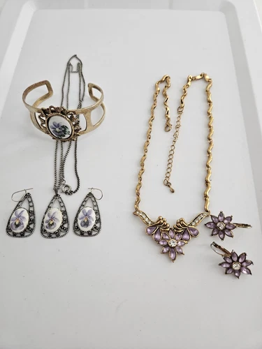 Vintage Estate Costume Jewelry Lot Lavender Flower Sets Mixed Materials And...