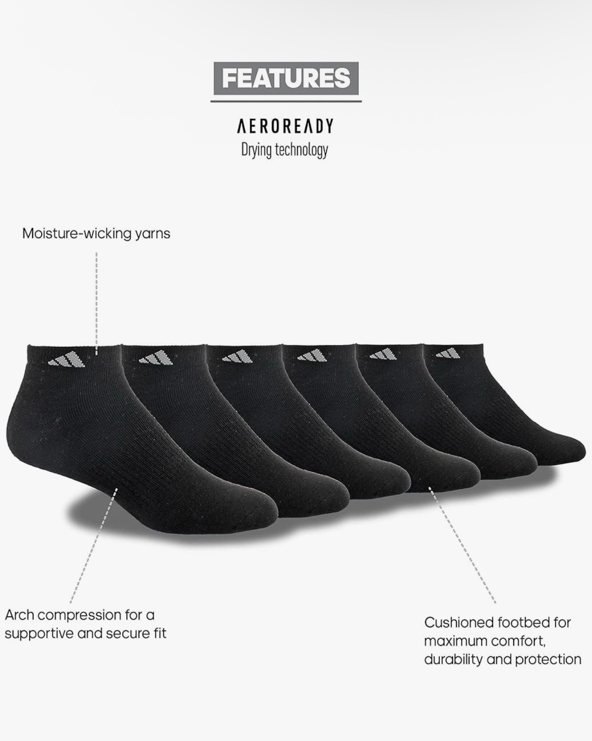 Adidas Men's Cushioned Low Cut Ankle Socks 6 Pairs White Black Compression 8-12