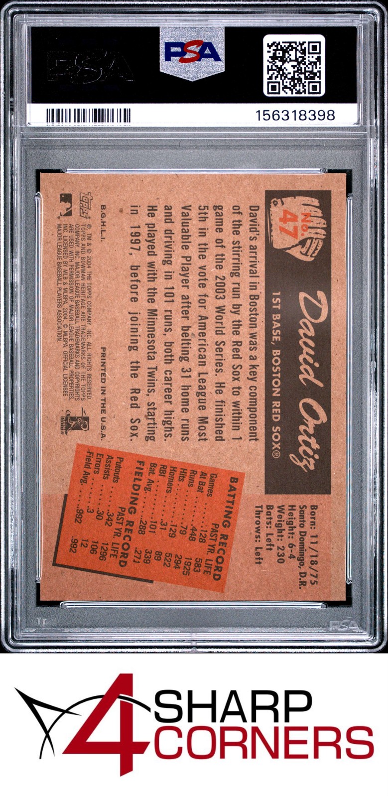 2004 BOWMAN HERITAGE #47 DAVID ORTIZ RED SOX HOF PSA 10 view 2