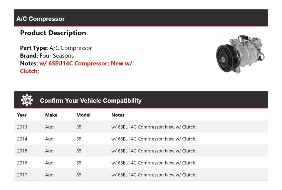 Compresor de aire acondicionado para Audi S5 2013-2017 4 estaciones 2014 2015 2016 Foto 2 de 4
