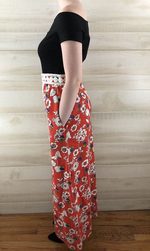 Vintage 60s Red Floral Crochet Linen Maxi Skirt Hippie Boho S M - Picture 8 of 11