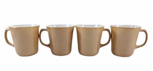 Set of 4 Vintage Corning PYREX Tan Beige Brown Milk Glass Mugs  D Handles  EUC