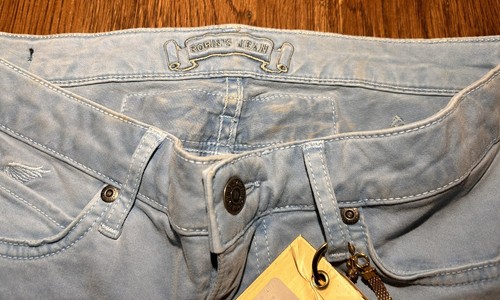 Robins Jeans Blue White Rhinestone Studs Metal Rivets Long Flap Label Size 31 - Picture 6 of 10