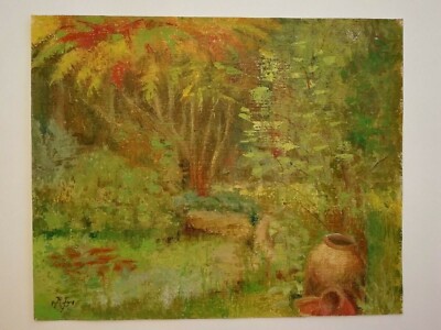 TROPISCHE LANDSCHAFT MIT TÖPFEN - ÖL AUF LEINWAND PAPIER - UMLAUF 70er Jahre