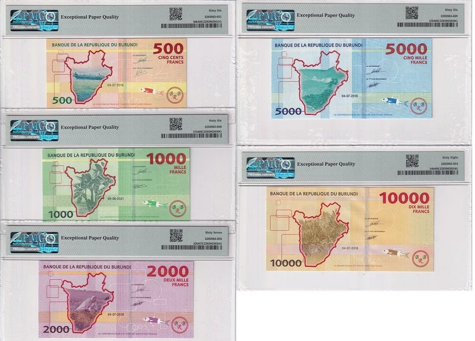 Burundi Set 5; 500 1000 200-10K Francs 2018-21 P 54 b Superb UNC PMG 66-68 EPQ - Image 2 of 2
