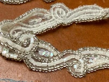 Vintage 1960s Cream Silver Hand Sewn Pearls Glass Beads Sequins 5/8" Trim 18"pc