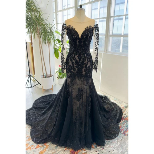 Gothic Mermaid Wedding Dresses Long Sleeves Black Lace With Train Bridal Gowns - Picture 2 of 8