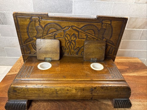 Vintage/ Antique Carved Wooden Desk Inkwell Stand Carved Knights Jousting - Picture 15 of 21