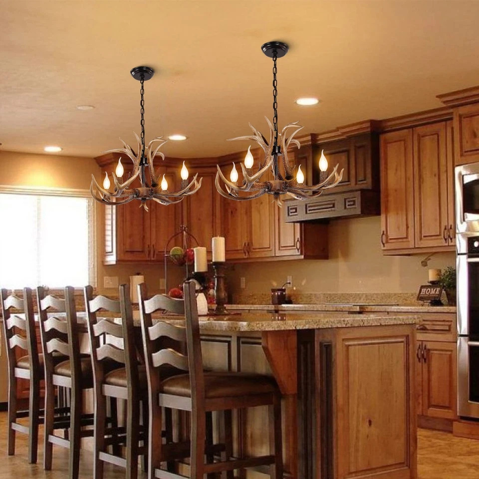 Lámpara de araña de asta iluminación lámpara de ciervo vintage rústica lámpara de araña de granja... Foto 2 de 4