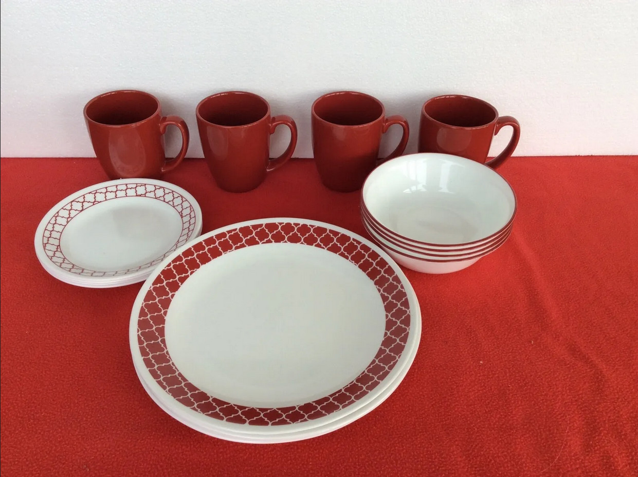 32-pc Corelle Dinnerware RED Crimson Trellis 8 place setting NEW Plate Bowl Mug