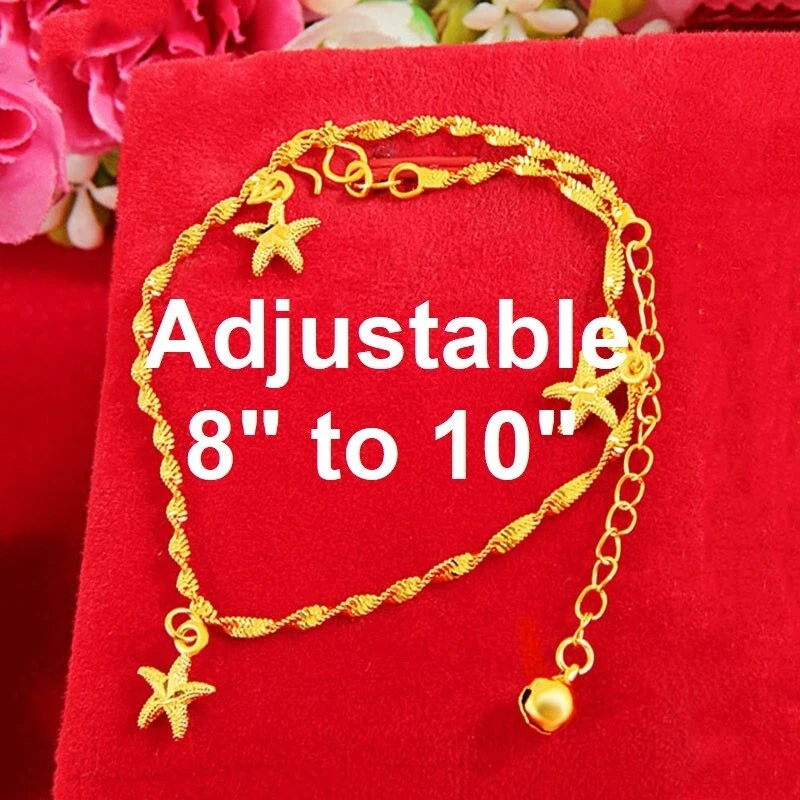 Tornozeleira feminina pendurada de sino estrela do mar folheada a ouro 18k ajusta 8" a 10" - Imagem 2 de 4