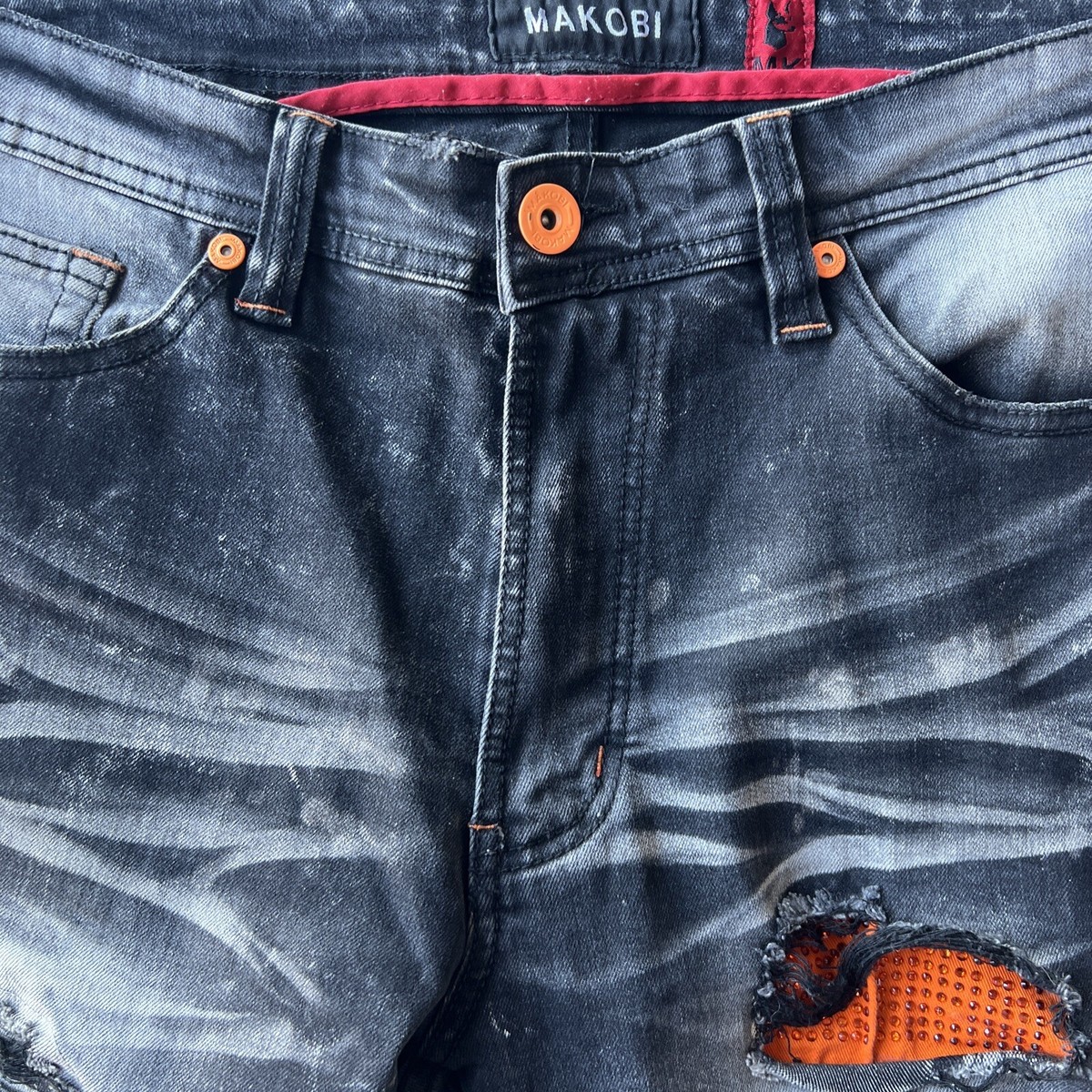 MAKOBI デニム Makobi Mens Distressed Shredded Denim Orange Stripe Y2K