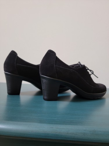 Clarks Bendables Shoes Women 7.5 M Oxford Black Suede Block Heels Lace Up - Picture 5 of 14