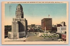 Buffalo New York Delaware Avenue City Hall Statler Hotel  Linen Postcard Posted