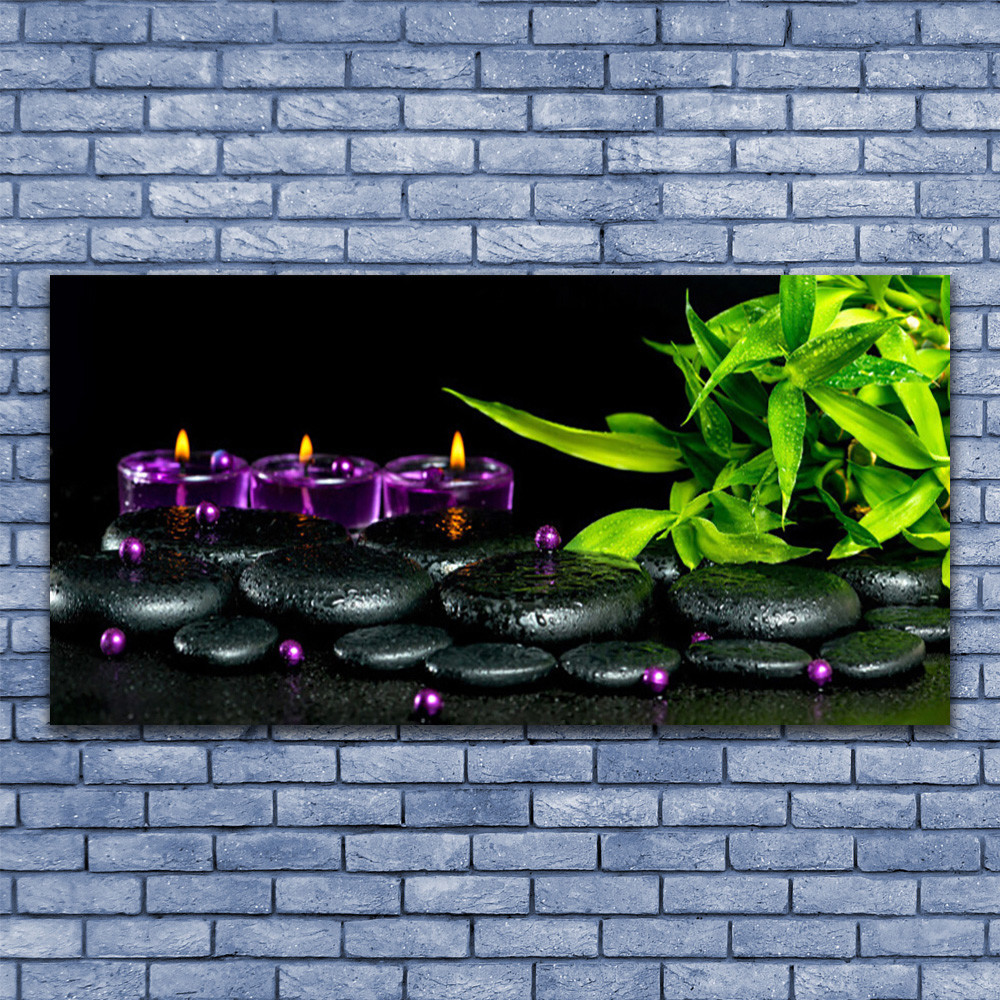 Tableau photo sur toile 140x70 cm motif bougie et pierres zen pour decoration murale