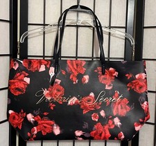 NWT VICTORIA'S SECRET BLACK RED FLORAL ROSE GOLD LOGO OPEN TOP TOTE SHOPPER