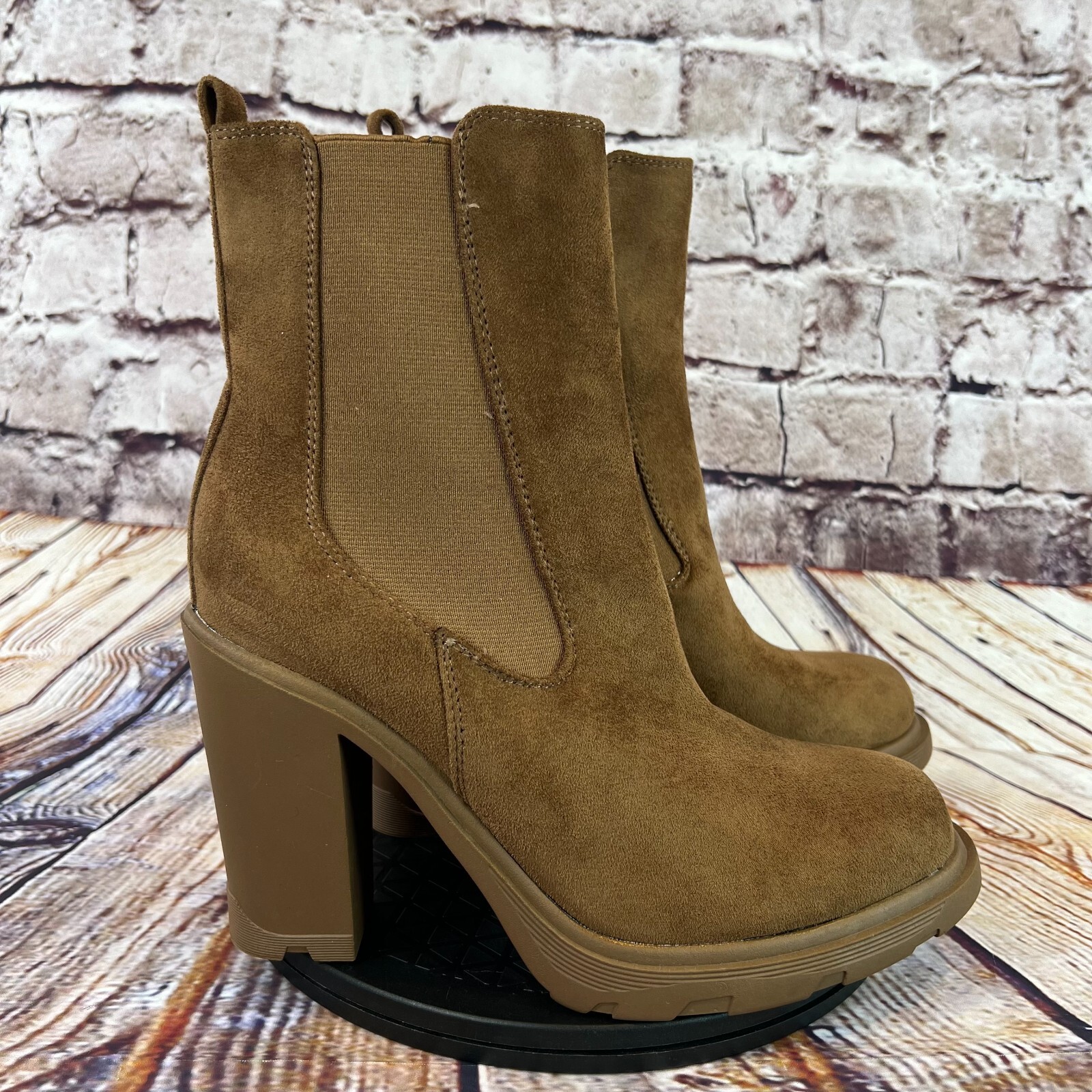 Nine West Solid Brown Pull On High Heel Low Platform Ankle Boots