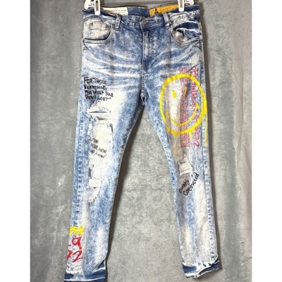 Industrial Indigo Masonry DNM Smiley Graffiti Distressed Acid Wash Jeans 38x34
