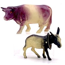Vtg Celluloid Toy Farm Animals Bull with Red Faux Gem Eyes Nodder Donkey READ 