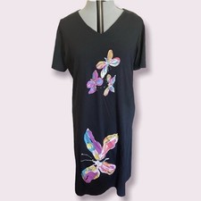 Vintage 90s Black Butterfly Maxi Dress Short Sleeve Womens Size Large Boho Fairy