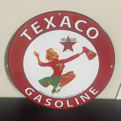 VINTAGE TEXACO HAPPY LADY MOTOR GASOLINE OIL PORCELAIN SIGN