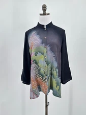Citron Black Asian Floral Button Tunic Top M Mandarin Collar 3/4 Sleeve